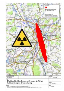 Plot der Unfall Ausbreitungswolke; Darstellung radioaktiver Fallout; Braunschweig, OpenStreetMap Karte